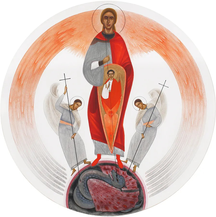 Зображення "Повалення диявола" від Аліна Грубець, розмір: Ø 45 см, матеріали: Дерево, левкас, акрил, медіум: Акрил, серія: 2025, ціна: $750