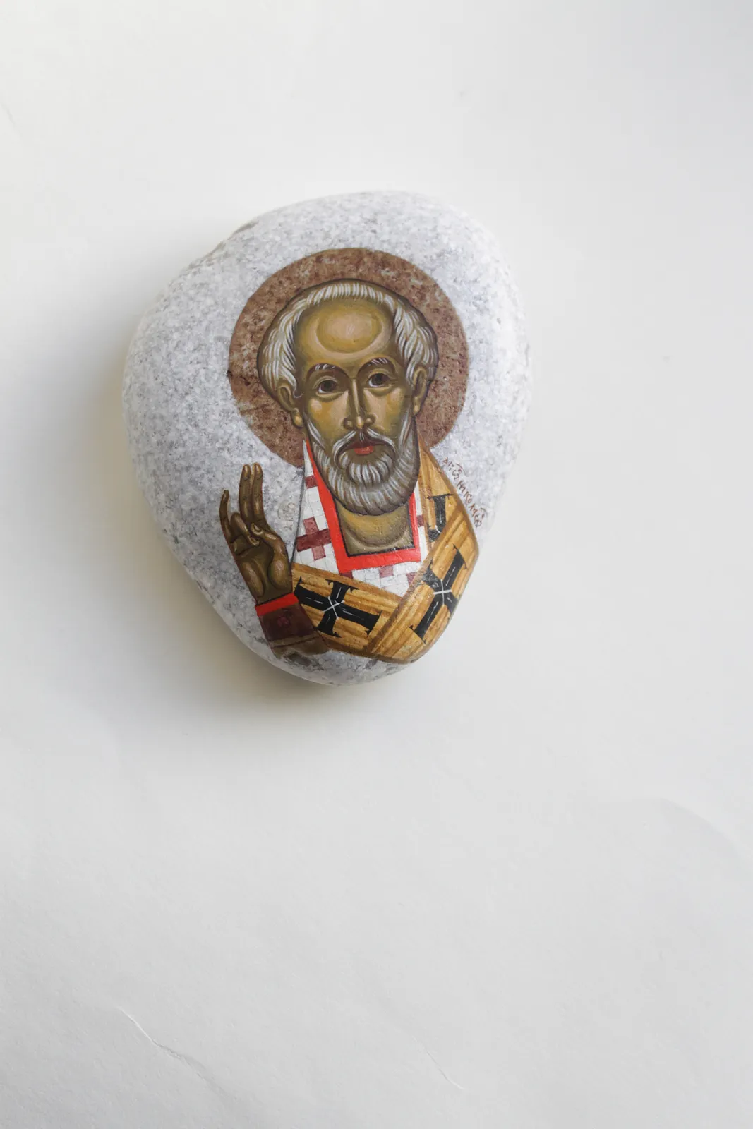 Image of Saint Nicholas by Alina Hrubets, size: 9х7 см, made of stone, acrylic, wooden frame, Icons medium, part of the 2024 series, priced at €150 Photo 1 of 6.