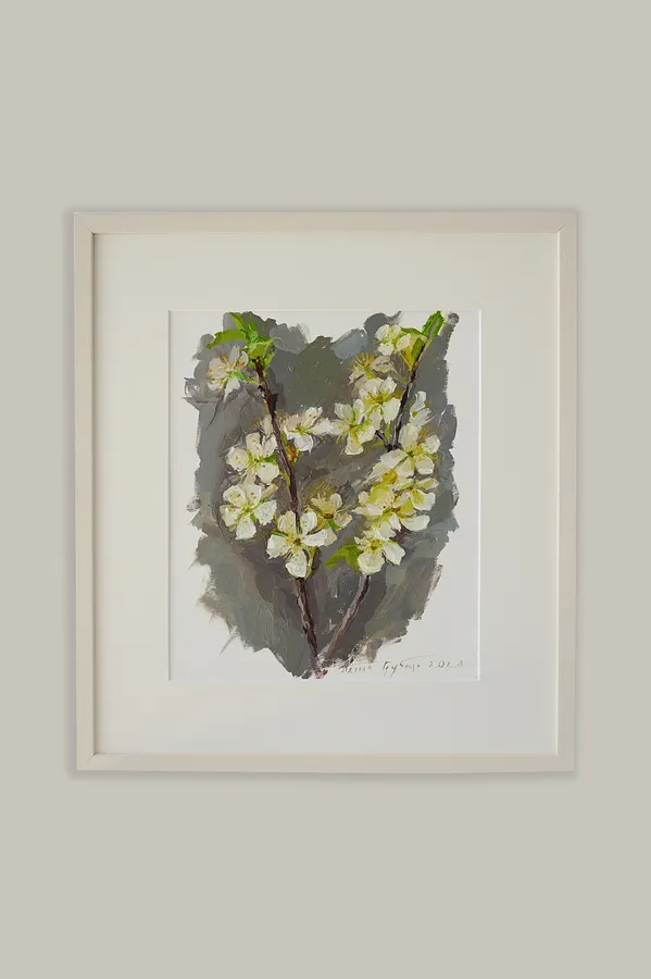 Image of Chery Plum Blossom by Alina Hrubets, size: 37х33 см, made of paper, oil, wooden frame, Painting medium, from Луцьк, part of the Primavera series, priced at ₴3900