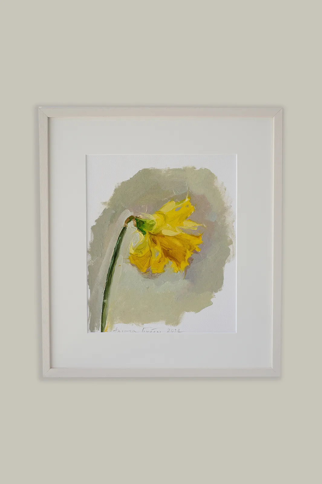 Image of Narcissus with Bowing Head by Alina Hrubets, size: 37х33 см, made of paper, oil, wooden frame, Painting medium, part of the Primavera series, priced at ₴3900