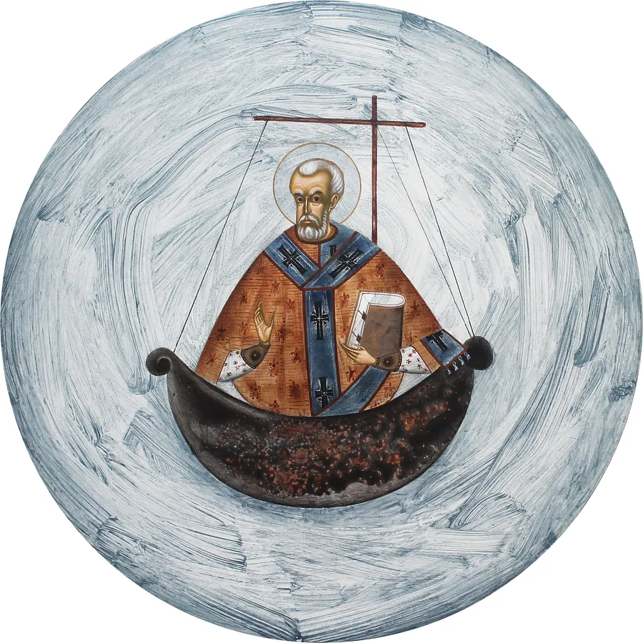 Image of Saint Nicholas by Alina Hrubets, size: Ø 30 см, made of wooden panel, gesso, acrylic, Icons medium, from Львів, part of the 2025 series, priced at $350 (≈ 15,831 грн)