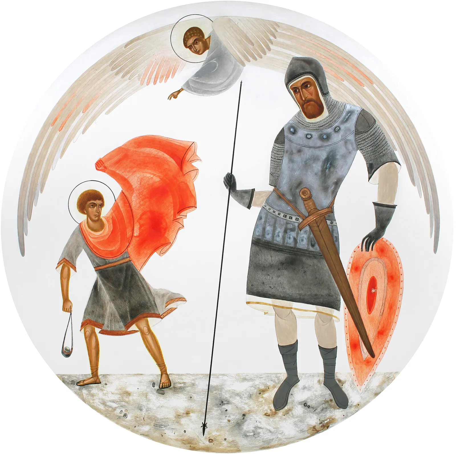 Image of David and Goliath by Alina Hrubets, size: Ø 45 см, made of wooden panel, gesso, acrylic, Icons medium, part of the 2025 series, priced at $750 Photo 1 of 2.
