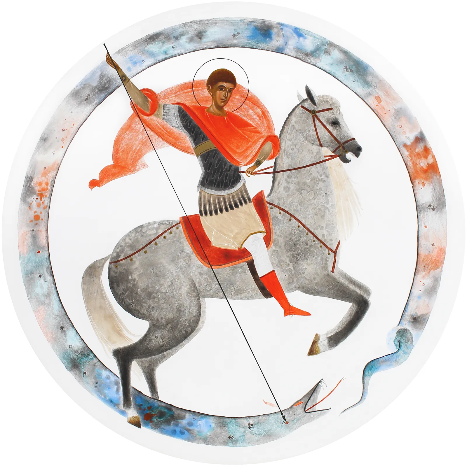 Image of Saint George the Dragon Slayer by Alina Hrubets, size: Ø 45 см, made of wooden panel, gesso, acrylic, Icons medium, part of the 2025 series, priced at $750 Photo 1 of 2.