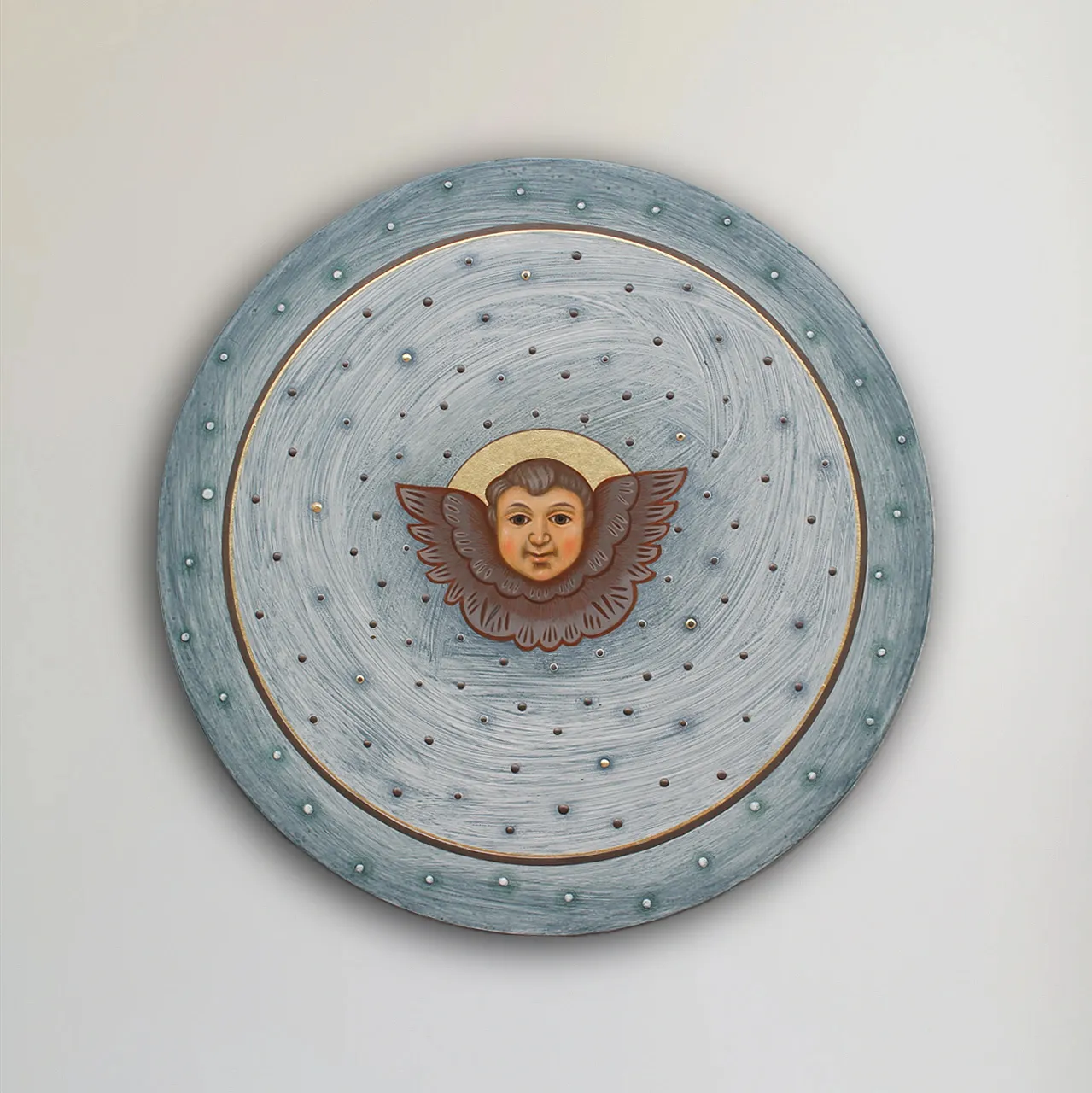 Image of Cherub by Alina Hrubets, size: Ø 30 см, made of wooden panel, gesso, acrylic, imitation gold leaf, Icons medium, part of the 2026 series, priced at $400 Photo 1 of 3.