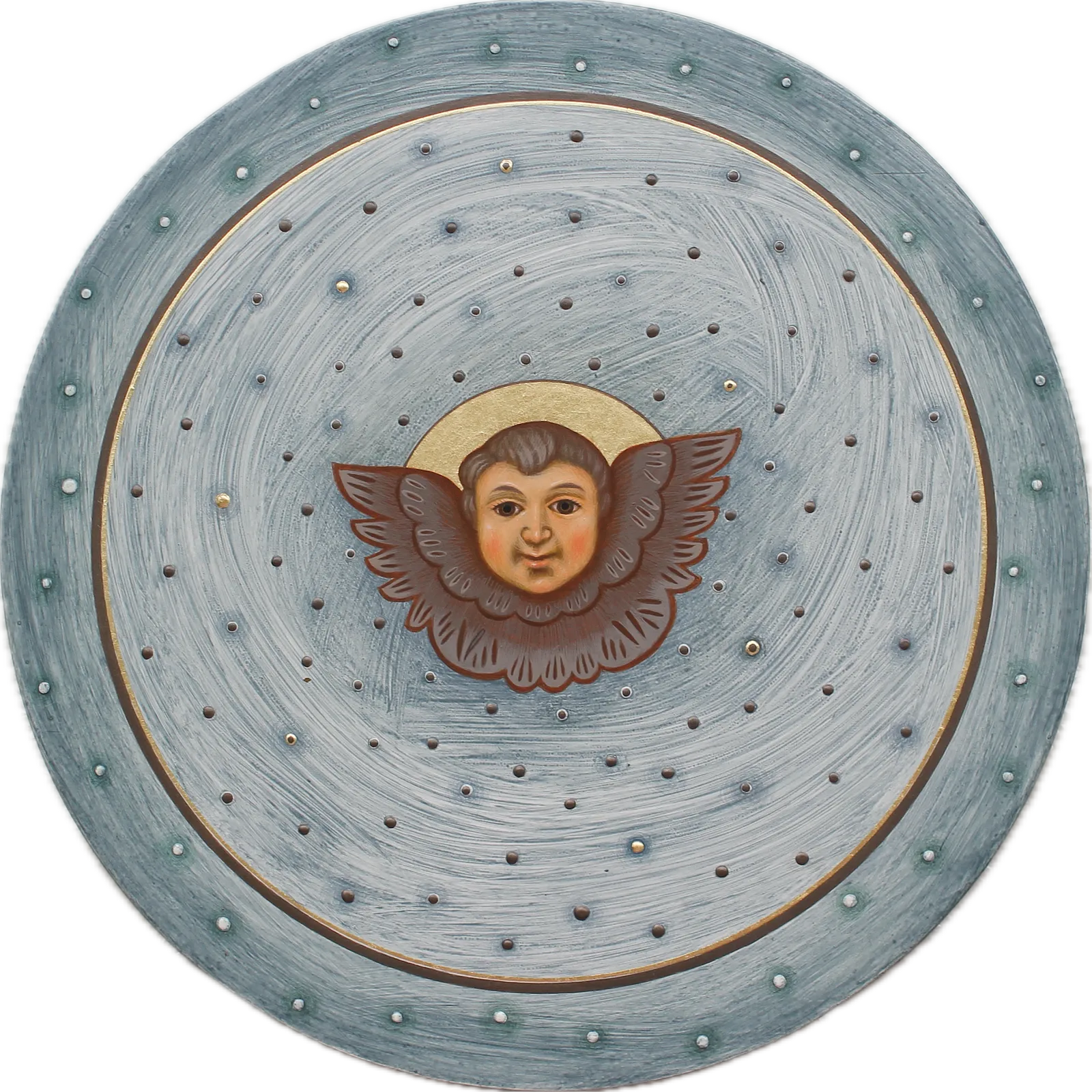Image of Cherub by Alina Hrubets, size: Ø 30 см, made of wooden panel, gesso, acrylic, imitation gold leaf, Icons medium, part of the 2026 series, priced at $400 Photo 3 of 3.