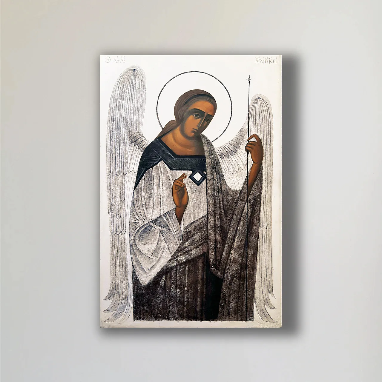 Image of Guardian Angel by Alina Hrubets, size: 18x12см, made of board/gesso/acrylic, Icons medium, part of the 2022 series, priced at $200 Photo 1 of 2.