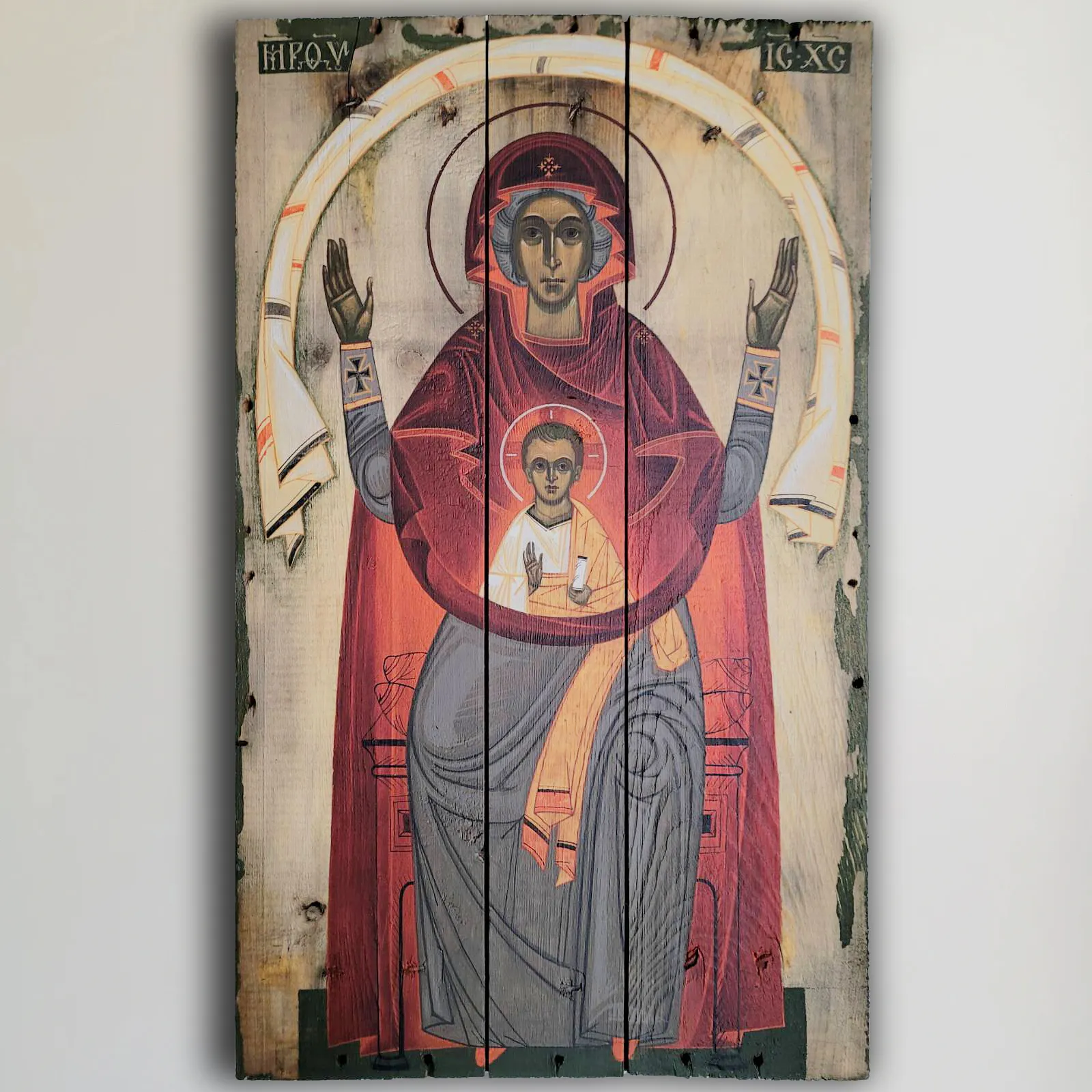 Image of Intercession of the Theotokos by Alina Hrubets, size: 28х47 см, made of wooden plank from ammo box, acrylic, Icons medium, part of the Metamorphosis of War Artifacts series Photo 1 of 4.