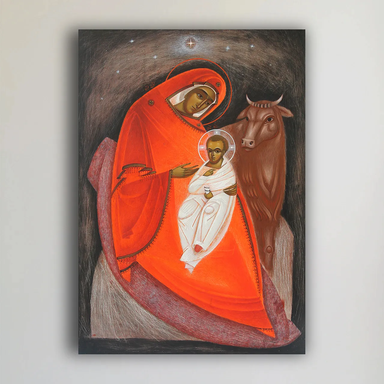 Image of Nativity by Alina Hrubets, size: 30x21 см, made of board/gesso/acrylic, Icons medium, from Lviv, part of the 2022 series, priced at $400 Photo 1 of 4.