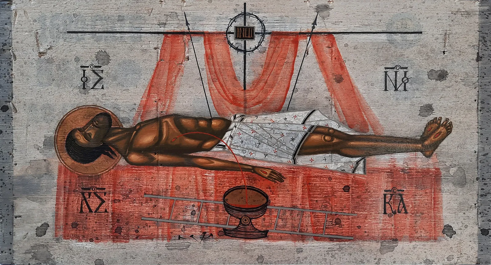 Image of King of Glory by Alina Hrubets, size: 20x30см, made of board from ammo box/acrylic, Icons medium, part of the Metamorphosis of War Artifacts series, priced at $300 Photo 2 of 2.