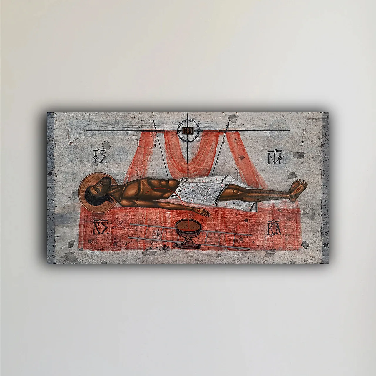 Image of King of Glory by Alina Hrubets, size: 20x30см, made of board from ammo box/acrylic, Icons medium, part of the Metamorphosis of War Artifacts series, priced at $300 Photo 1 of 2.