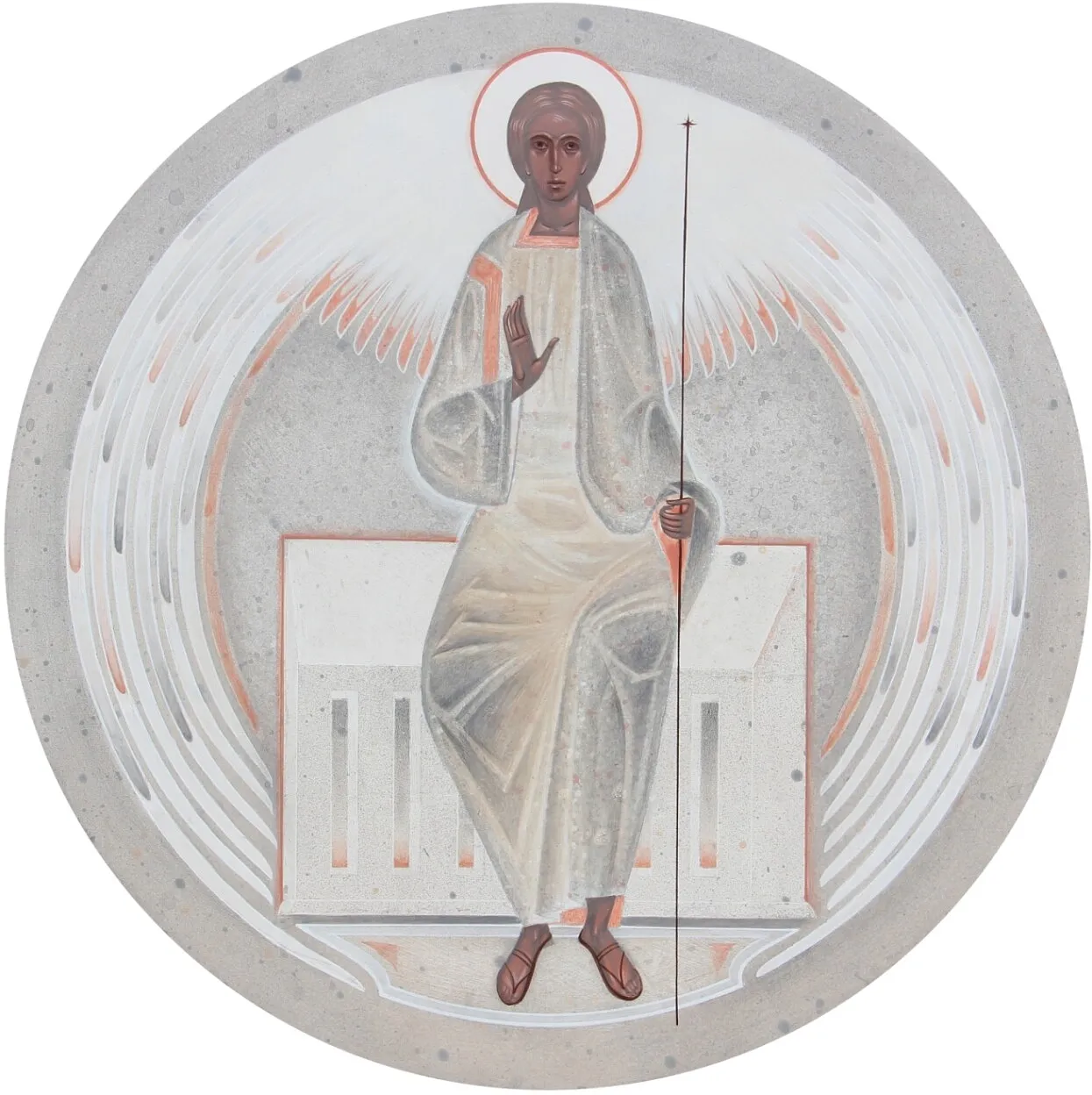 Image of Angel at the empty tomb by Alina Hrubets, size: Ø 40 см, made of wooden plank, gesso, acrylic, Icons medium, part of the 2021 series