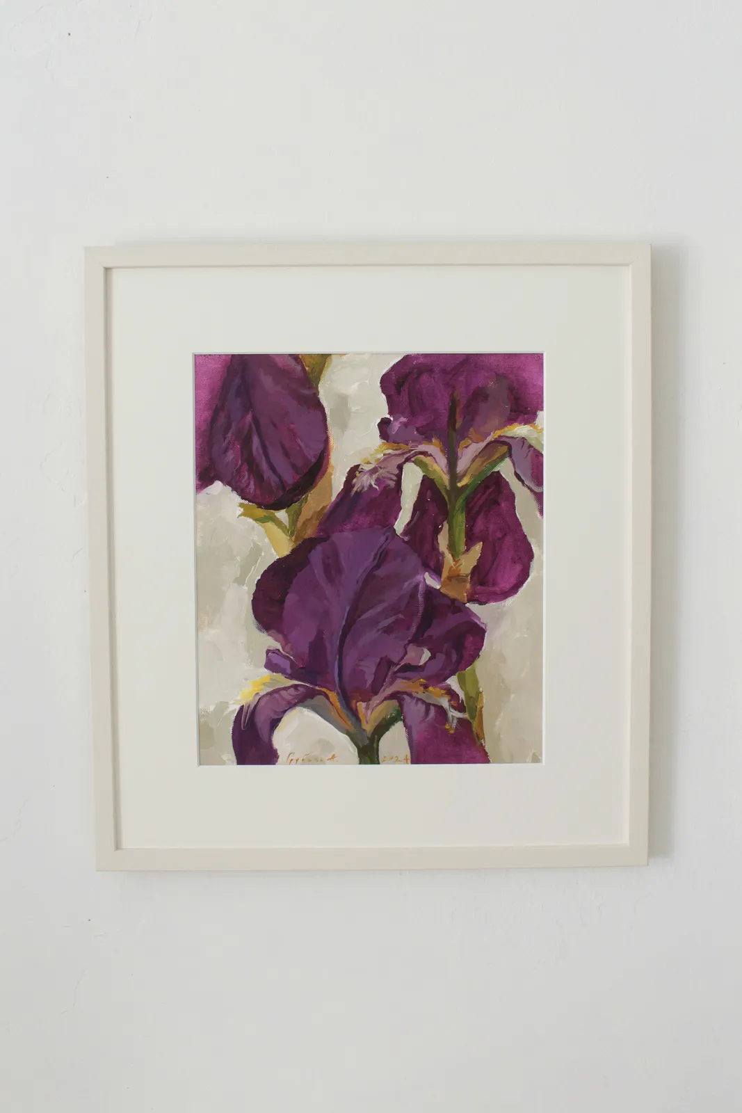 Image of Three Lilac Irises by Alina Hrubets, size: 33х37 см, made of paper, oil, wooden frame, Painting medium, part of the Primavera series, priced at ₴3900 Photo 1 of 4.