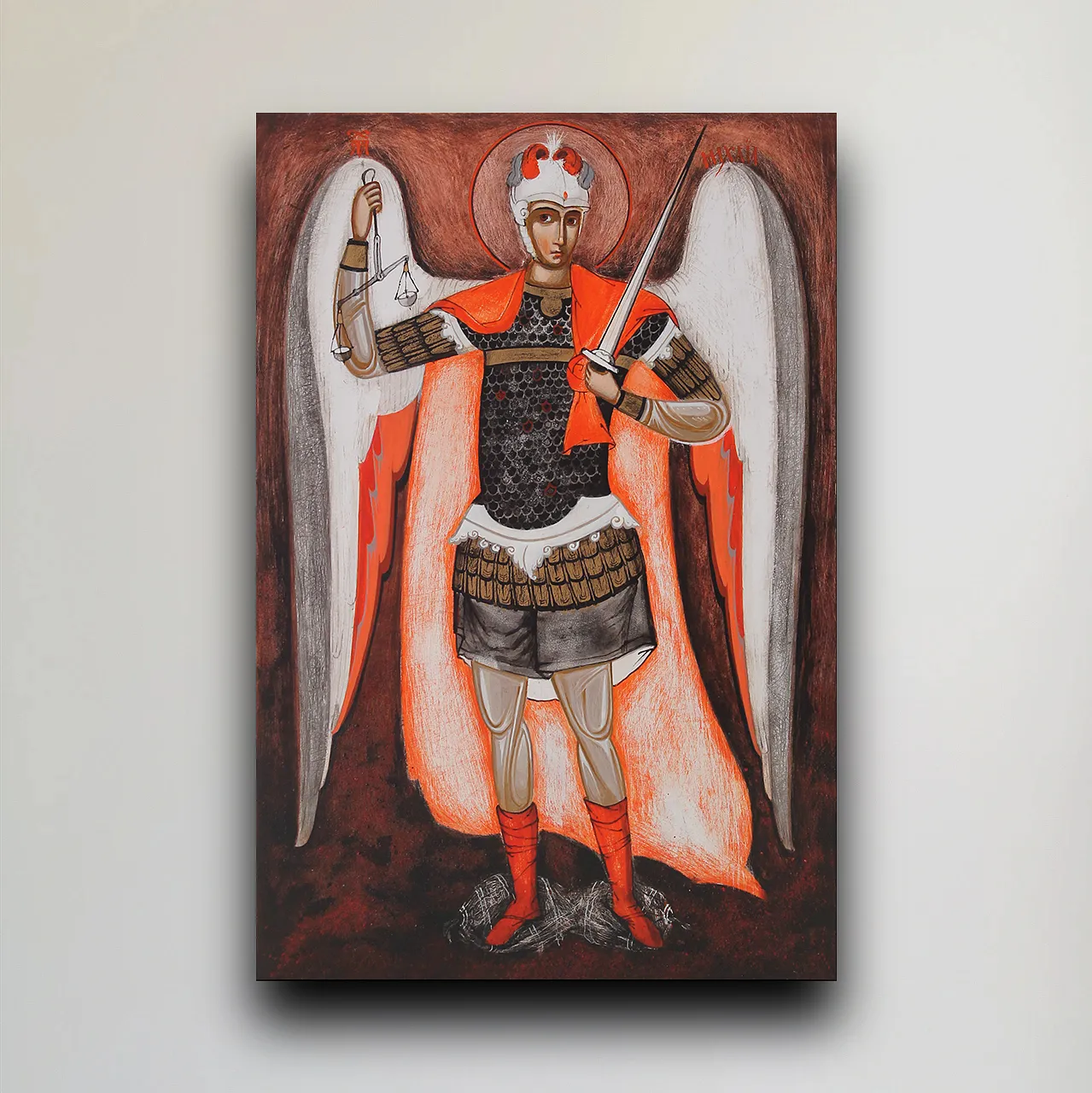 Image of Archangel Michael by Alina Hrubets, size: 30х20 см, made of wooden panel, gesso, acrylic, Icons medium, part of the 2024 series, priced at $400 Photo 1 of 3.