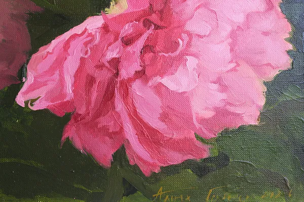 Image of Peony in profile by Alina Hrubets, size: 37х33 см, made of paper, oil, wooden frame, Painting medium, part of the Prima Aestas series, priced at $100 Photo 4 of 6.