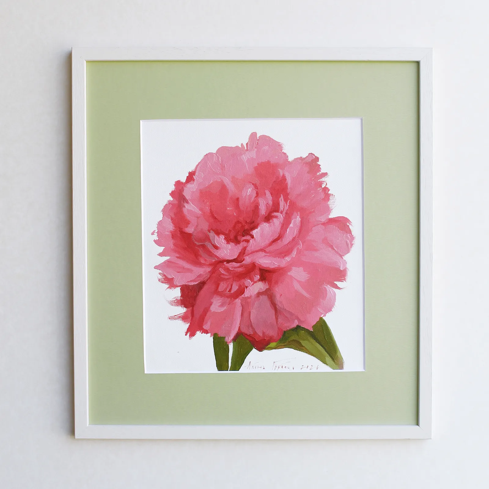 Image of Peony in a three-quarter view by Alina Hrubets, size: 36х33 см, made of paper, oil, wooden frame, Painting medium, part of the Prima Aestas series, priced at $100 Photo 1 of 5.