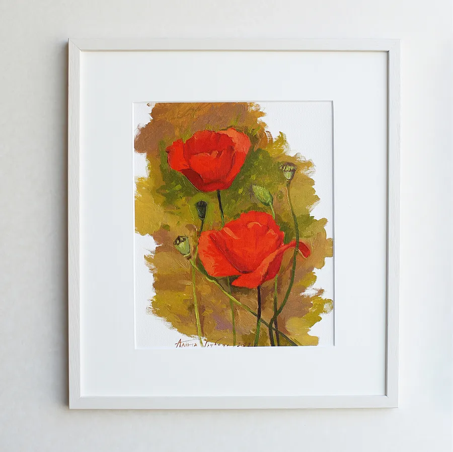 Image of Red poppies by Alina Hrubets, size: 37х33 см, made of paper, oil, wooden frame, Painting medium, from Луцьк, part of the Prima Aestas series, priced at $100 (≈ 4,500 грн)