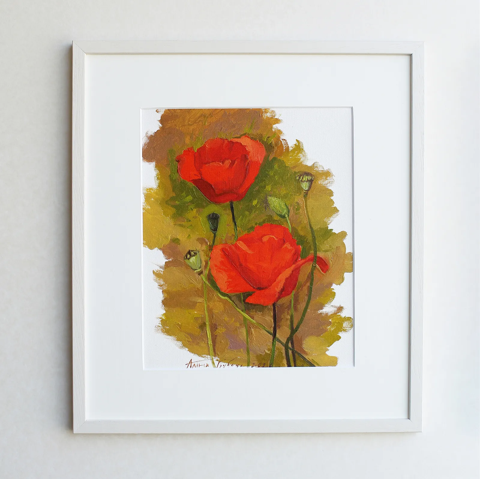Image of Red poppies by Alina Hrubets, size: 37х33 см, made of paper, oil, wooden frame, Painting medium, part of the Prima Aestas series, priced at $100 Photo 1 of 5.